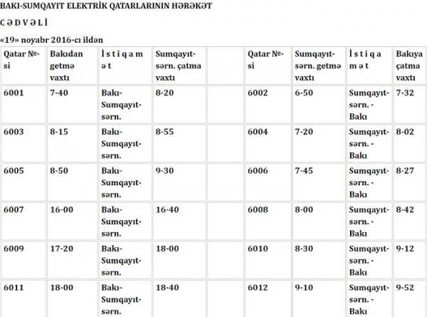 Bakı-Sumqayıt qatarlarının yeni hərəkət CƏDVƏLİ