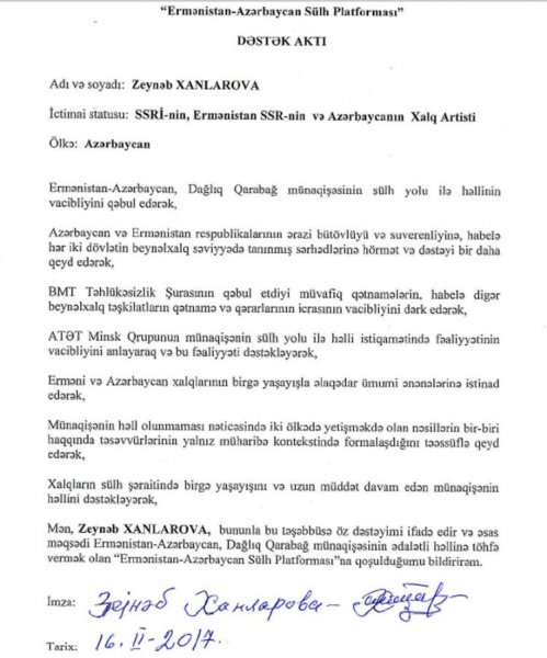 Zeynəb Xanlarova Ermənistan-Azərbaycan Sülh Platformasına qoşulub