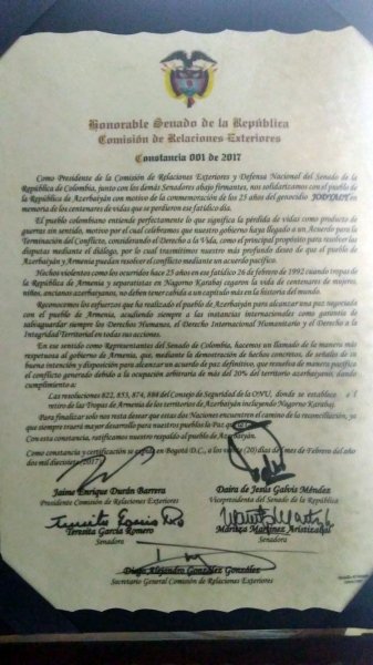 Kolumbiya Senatı Xocalı soyqırımının 25-ci ildönümü ilə bağlı qərarnamə qəbul edib Kolumbiya Senatı Xocalı soyqırımının 25-ci ildönümü ilə bağlı qərarnamə qəbul edib