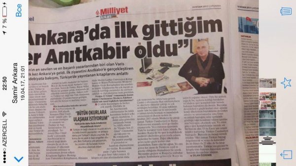 Azərbaycan yazıçısı ilə müsahibə Türkiyənin ''Miliyyət'' qəzetinin manşetində