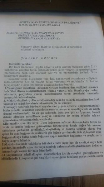 Sumqayıt sakinləri məhəllələrində bina, yol,  qazanxana və uşaq bağçası ilə bağlı şikayət edirlər  - MƏKTUB
