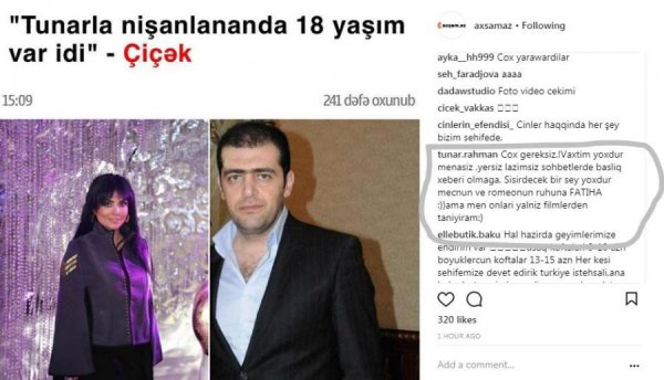 Tunar keçmiş sevgilisi Çiçəyə cavab verdi: "...ruhuna fatihə" - FOTO