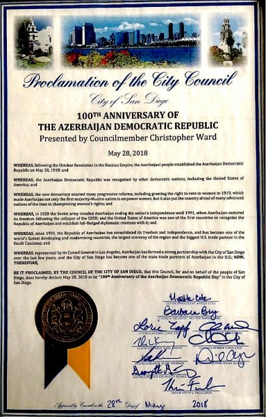 ABŞ-ın San Dieqo şəhərində 28 may - ADR-in 100 illiyi günü elan edilib ABŞ-ın San Dieqo şəhərində 28 may - ADR-in 100 illiyi günü elan edilib