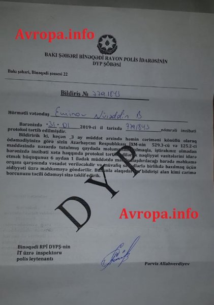 Azərbaycanda heyrətamiz olay : DYP sürücü olmayan tələbəyə “avtobus sürücüsü” adı ilə 5 müxtəlif cərimə yazdı – FOTO