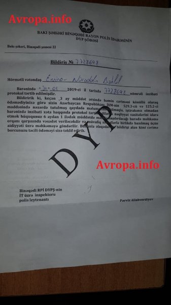 Azərbaycanda heyrətamiz olay : DYP sürücü olmayan tələbəyə “avtobus sürücüsü” adı ilə 5 müxtəlif cərimə yazdı – FOTO