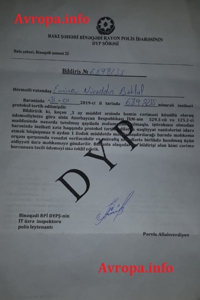 Azərbaycanda heyrətamiz olay : DYP sürücü olmayan tələbəyə “avtobus sürücüsü” adı ilə 5 müxtəlif cərimə yazdı – FOTO