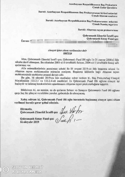 Zümrüd Yağmurdan Baş prokurora müraciət: "Şikayətçi deyilik" - FOTO
