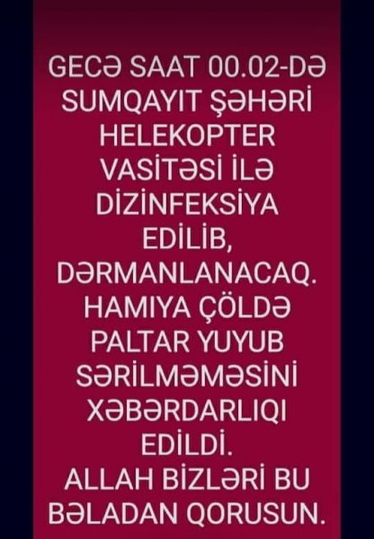 Sumqayıt helikopterlərlə dezinfeksiya ediləcək?