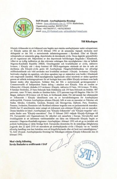 Azərbaycanlılar İsveç parlamentini Xocalı soyqırımını tanımağa çağırıb