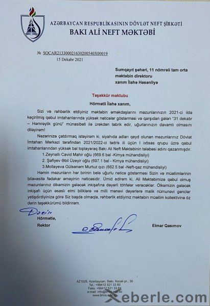 Rektor Sumqayıt məktəbinə təşəkkür etdi - FOTO