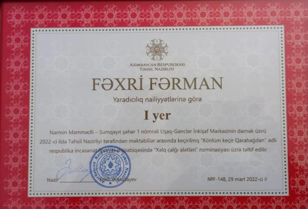 Sumqayıtlı şagird "Könlüm keçir Qarabağdan" müsabiqəsinin qalibləri sırasında - FOTO