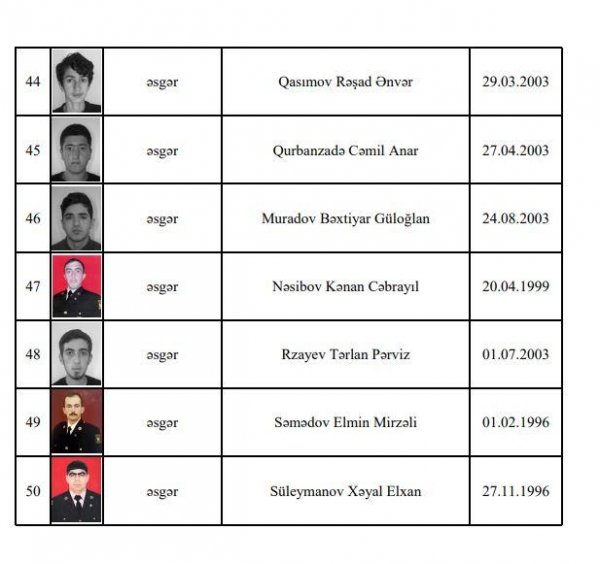 Müdafiə Nazirliyi şəhidlərimizin siyahısını YAYDI