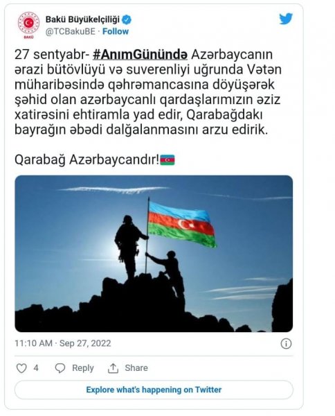 Türkiyə səfirliyindən Anım Günü ilə bağlı paylaşım