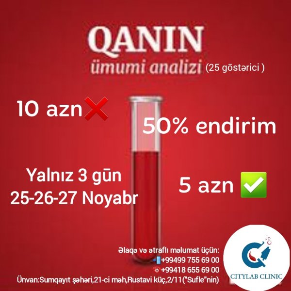 Sumqayıtda bütün analizlərə 50 faiz endirim - Yalnız 3 gün CityLab klinikada
