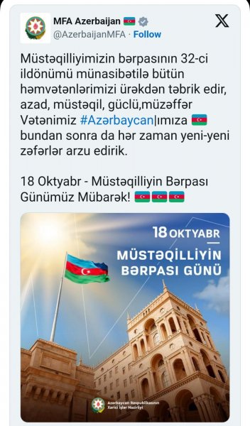 XİN-dən Müstəqilliyin Bərpası Günü ilə bağlı paylaşım (FOTO)