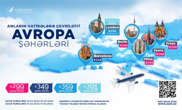 AZAL Avropanın altı şəhərinə uçuşlara - ENDİRİM ETDİ (SİYAHI, Qiymətlər) 