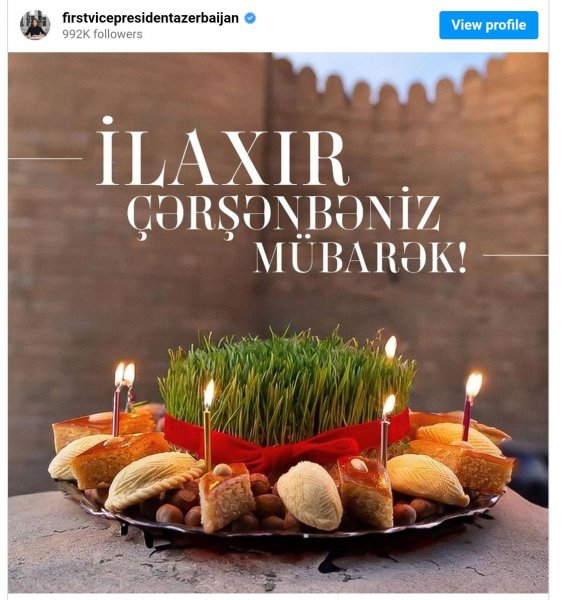 Mehriban Əliyevadan İlaxır çərşənbə ilə bağlı PAYLAŞIM