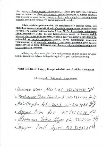 "Pilot Residence” binasının sakinləri Mehriban xanım Əliyevaya şikayət məktubu yazdılar (SURƏTİ)