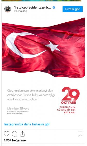Mehriban Əliyevadan Türkiyə Cümhuriyyəti ilə bağlı paylaşım